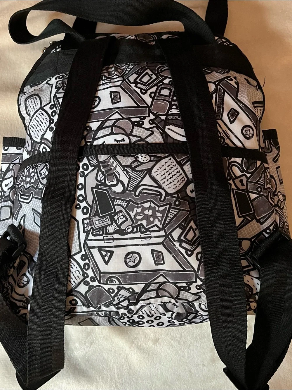 LeSportsac Pack-It Up Backpack Rare Retired Travel Doodle Print Black White